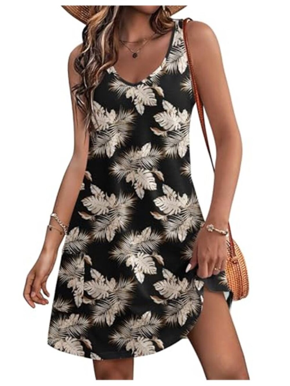 HOTOUCH Black Tropical Leaf Sundress V-Neck Tank Dress with Pockets